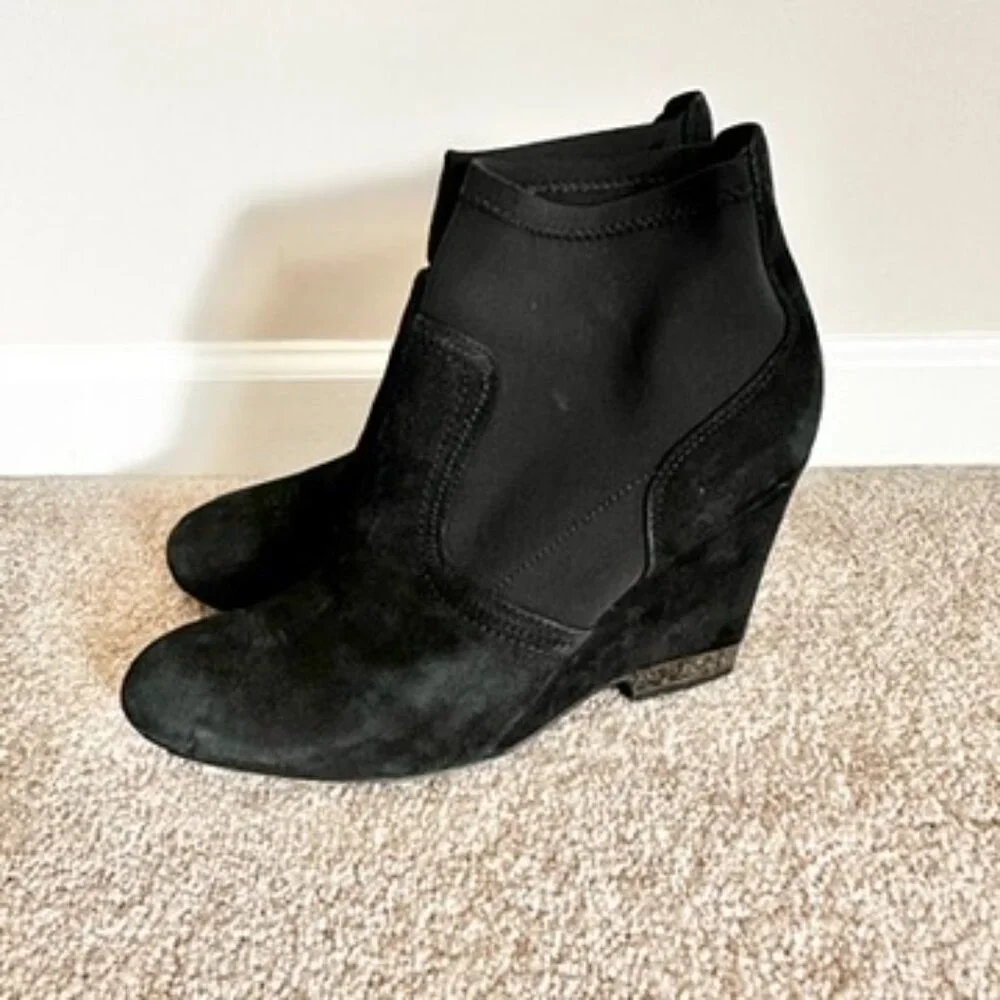 Tory Burch Brenda Suede Stretch Sock Wedge Booties Black Silver 8.5